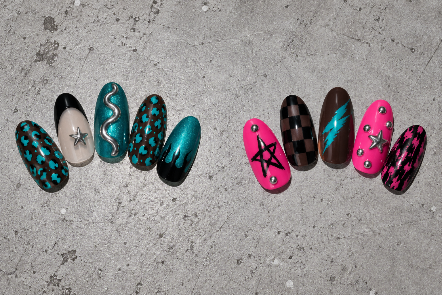 Static Teal and Pink Noise punk press-on nails